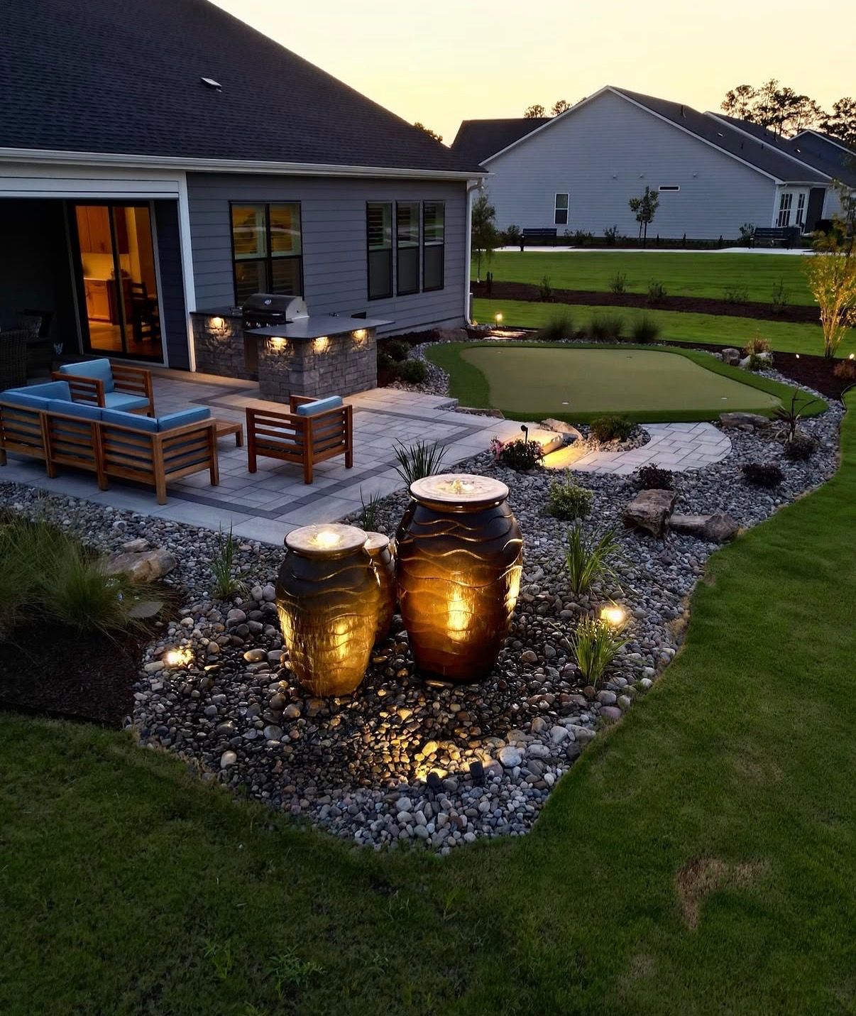Backyard patio with lit water features, stone landscaping, and outdoor seating at dusk