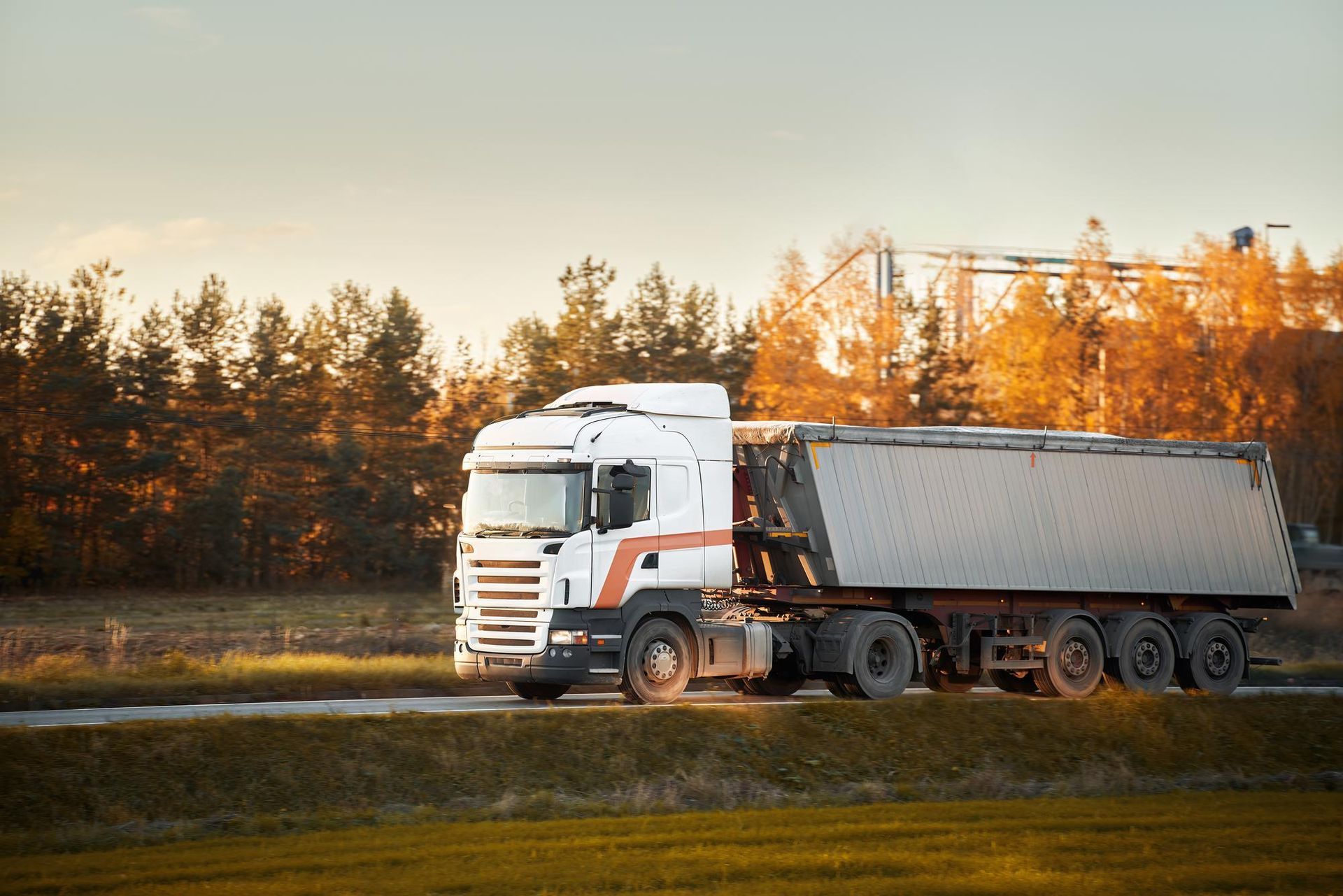 White semi-truck with gray trailer on a road next to a forest, sunlight.