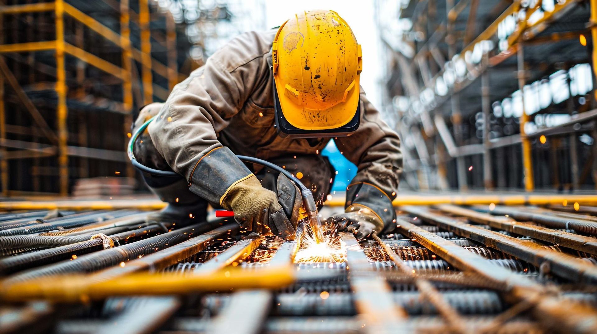 Construction worker welds rebar, sparks flying; yellow hardhat, protective gear, outdoor setting.