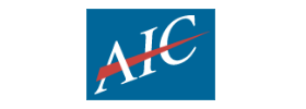 AIC logo, white letters and red slash on blue square.