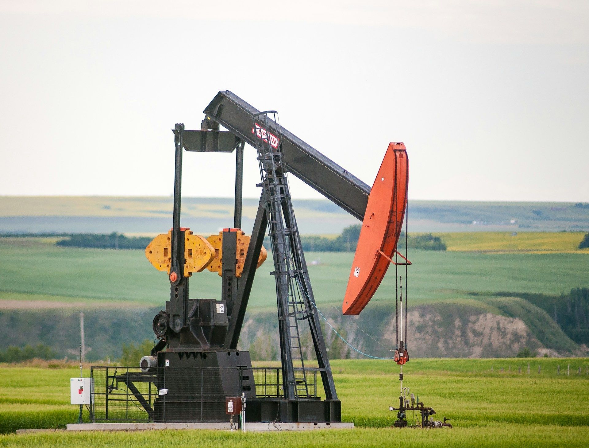 Oil pump jack in a green field with a cloudy sky.