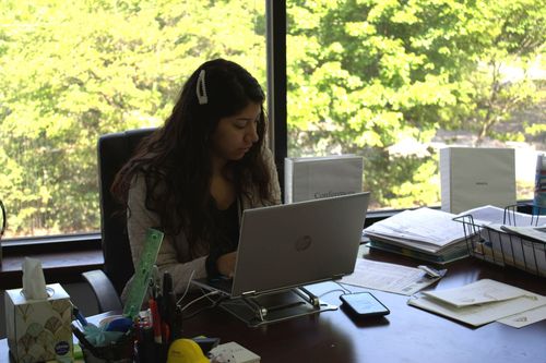  Ana Avila, Business Development Coordinator - Ext. 202 at The Tennie Group LLC, working at her desk in the corporate office. Supporting clients with business accounting, tax services, and financial operations.