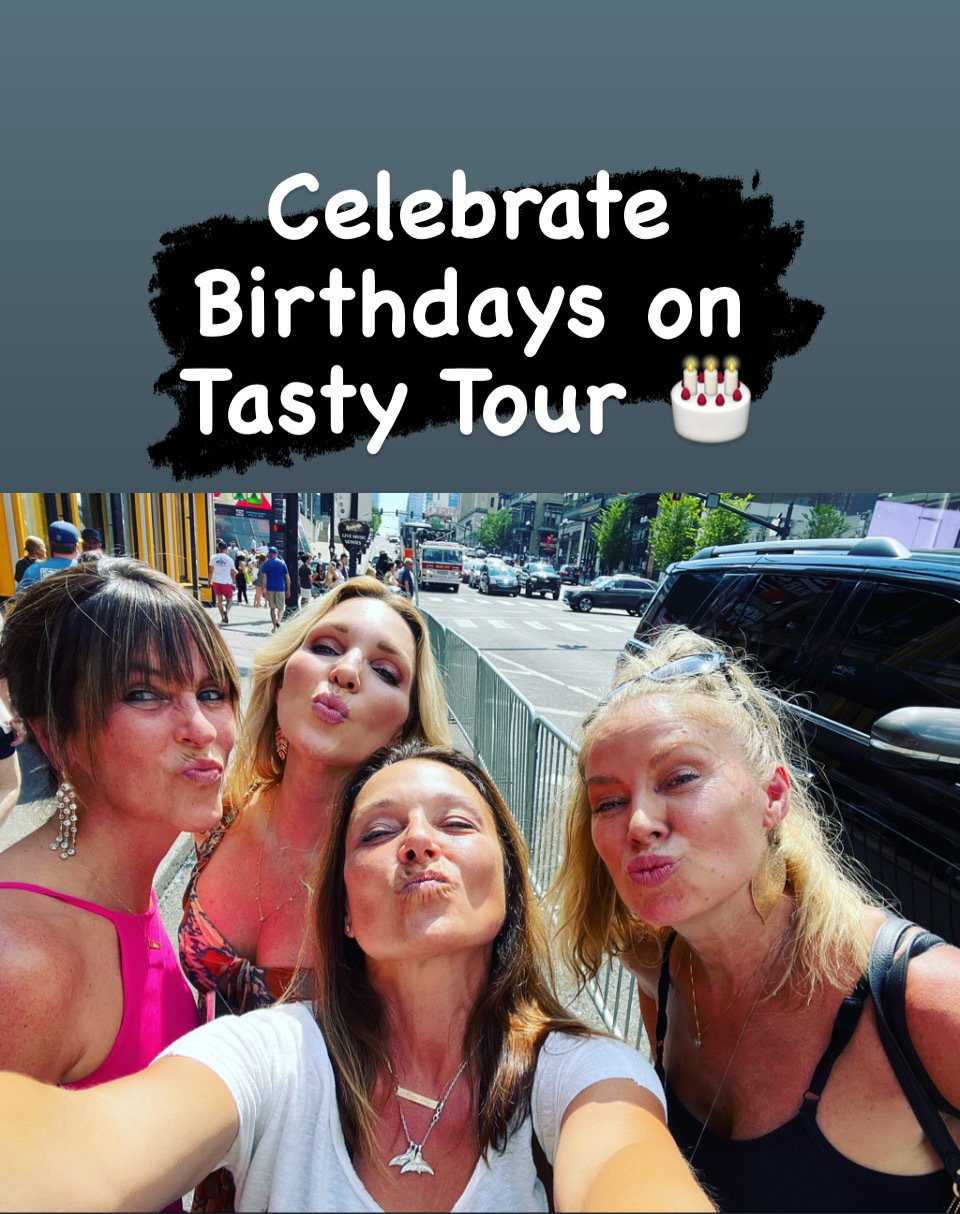 A group of women are posing for a picture with the caption celebrate birthdays on tasty tour