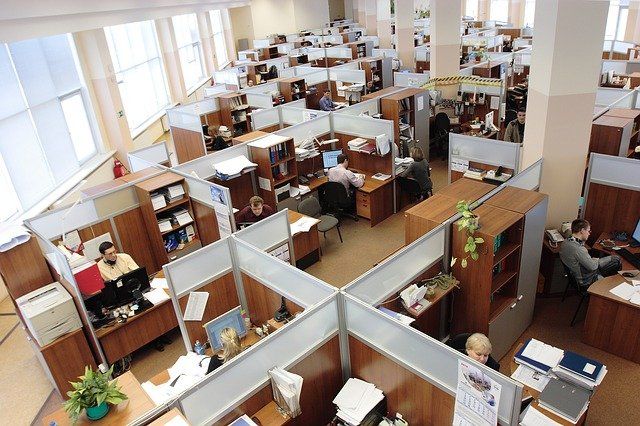 open plan office with cubicles and people at desks