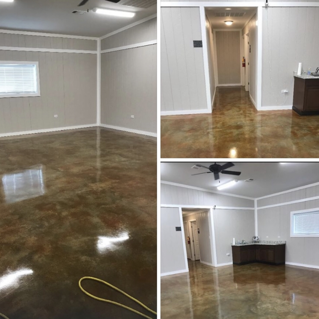 A collage of four pictures of a room with a ceiling fan.