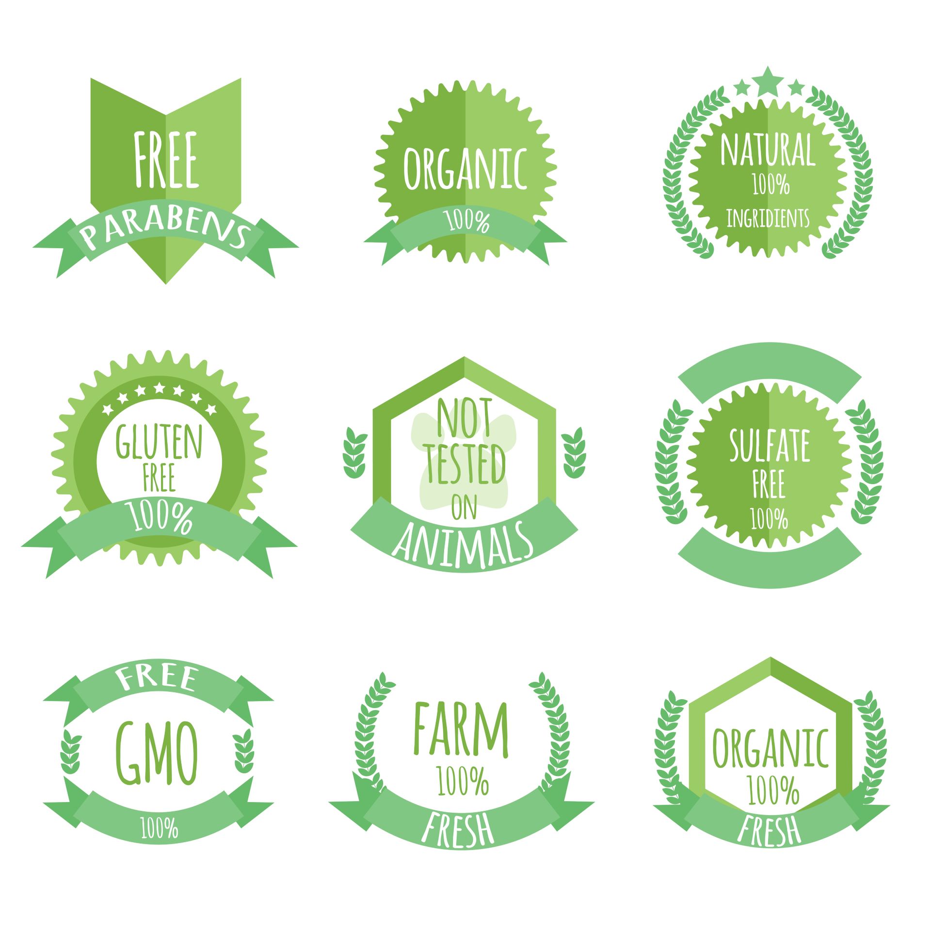 A set of green labels that say free parabens , free gmo , not tested on animals , natural and fresh.
