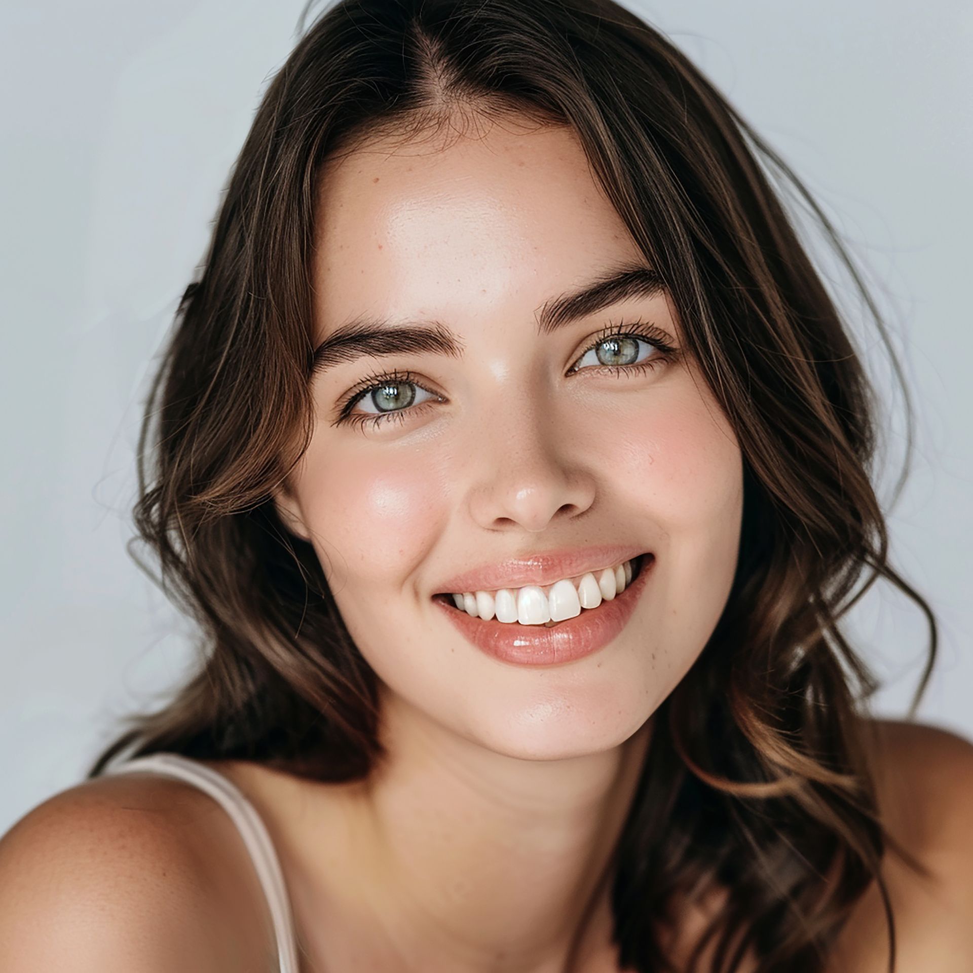 A close up of a woman 's face with a smile on her face