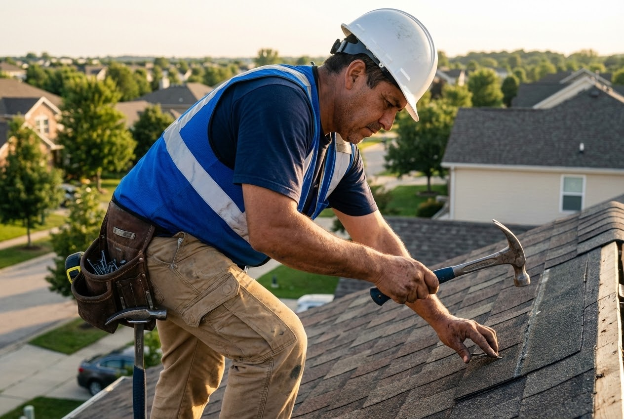 Man on ladder, caulking gutter on house with a blue sky background.