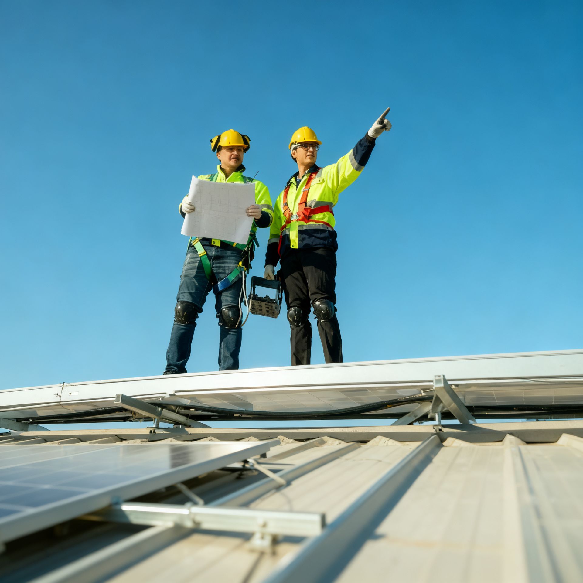 Roofer on a metal roof, hammering a piece of flashing. He wears a hard hat and work clothes.