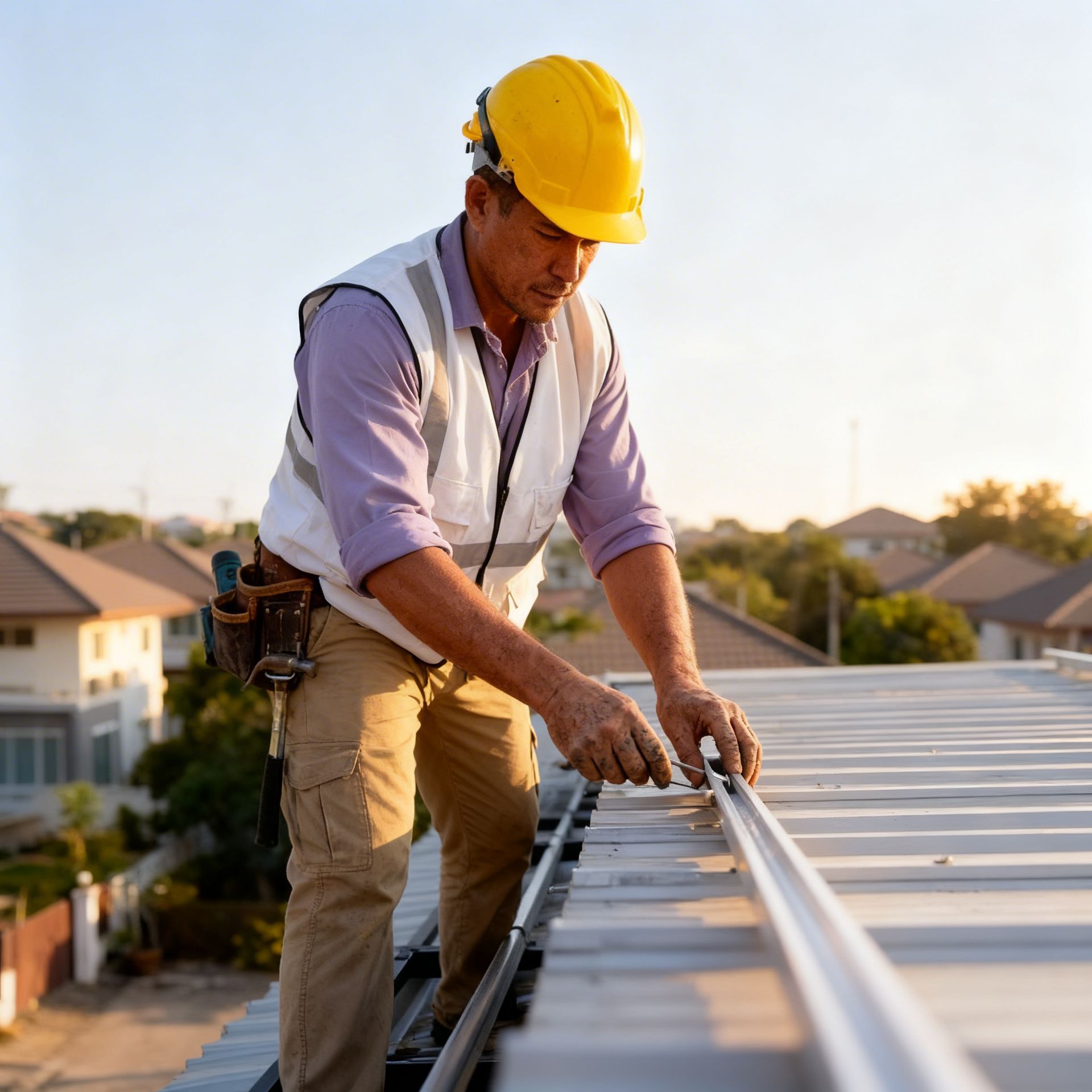 Roofer in safety gear installing solar panels on a rooftop. Blue sky with clouds.