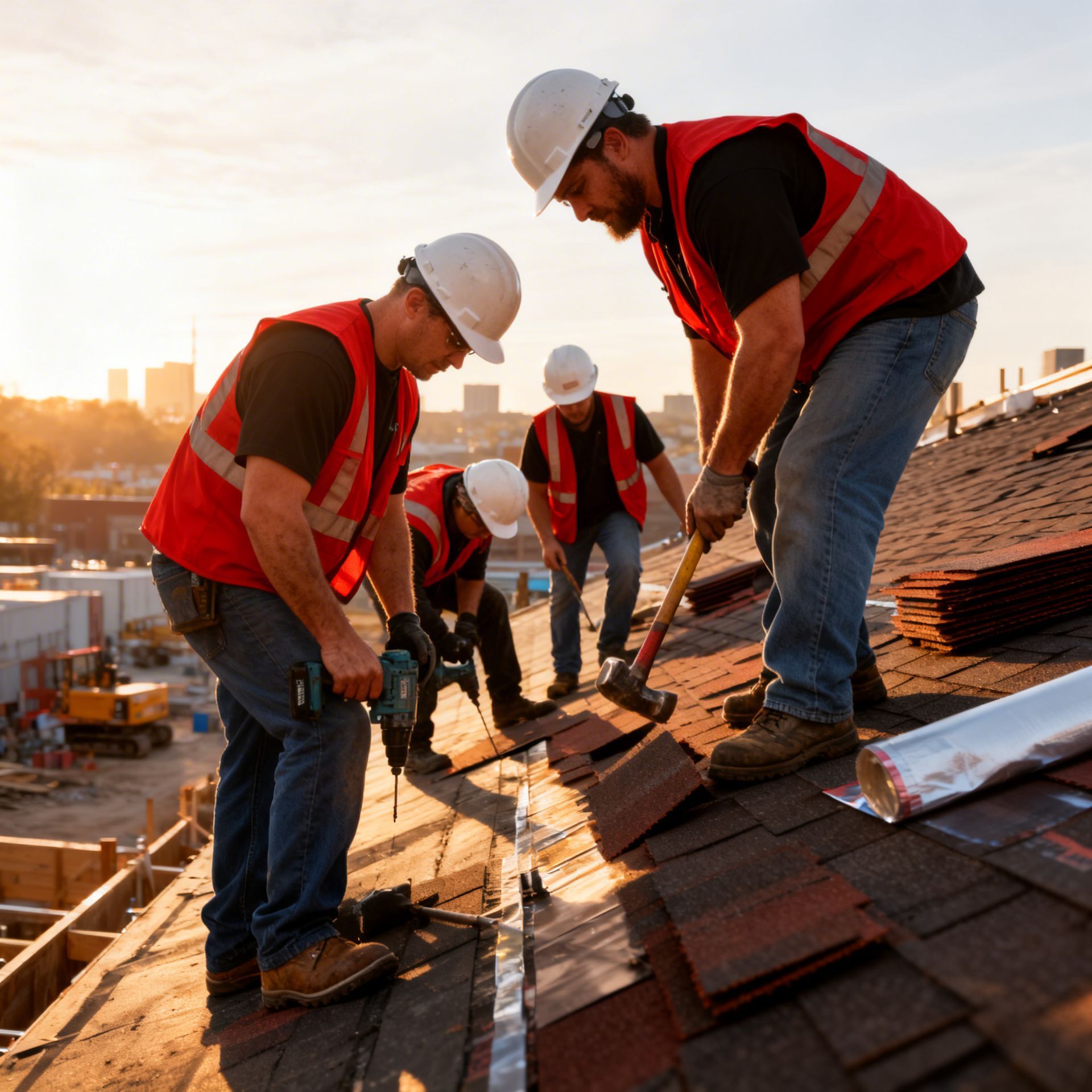 Two roofers passing clay roof tiles on a ladder, outdoors.