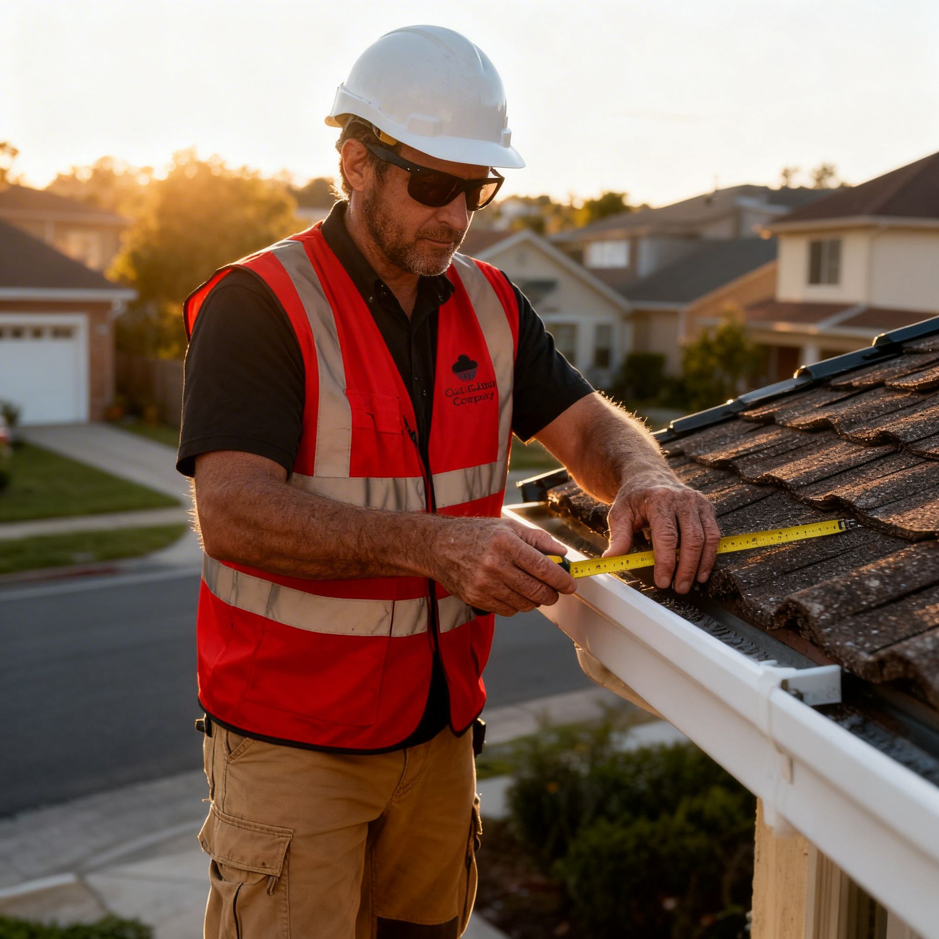 Two roofers in hard hats installing shingles on a house roof on a sunny day.