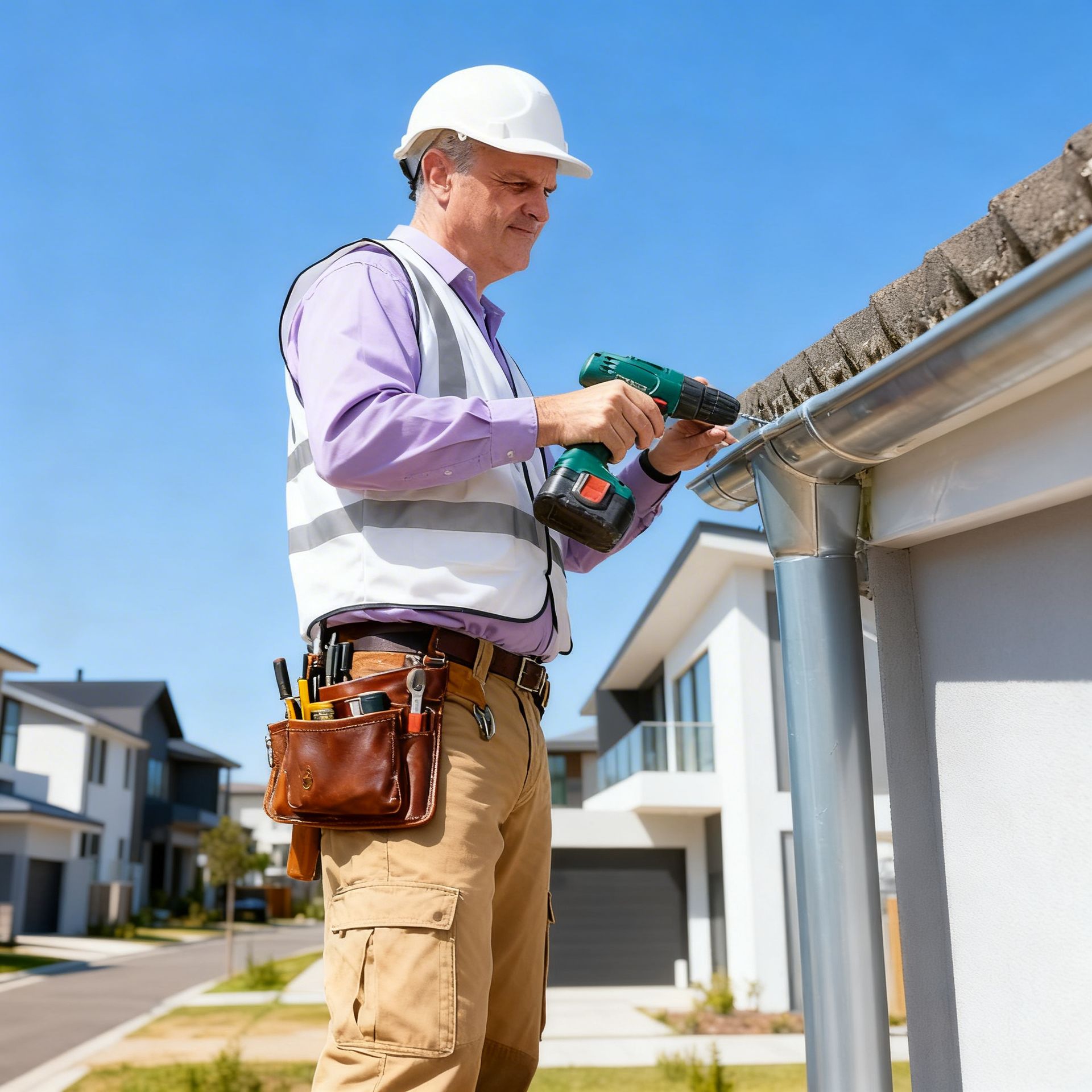 Man on ladder, caulking gutter on a house, sunny day.