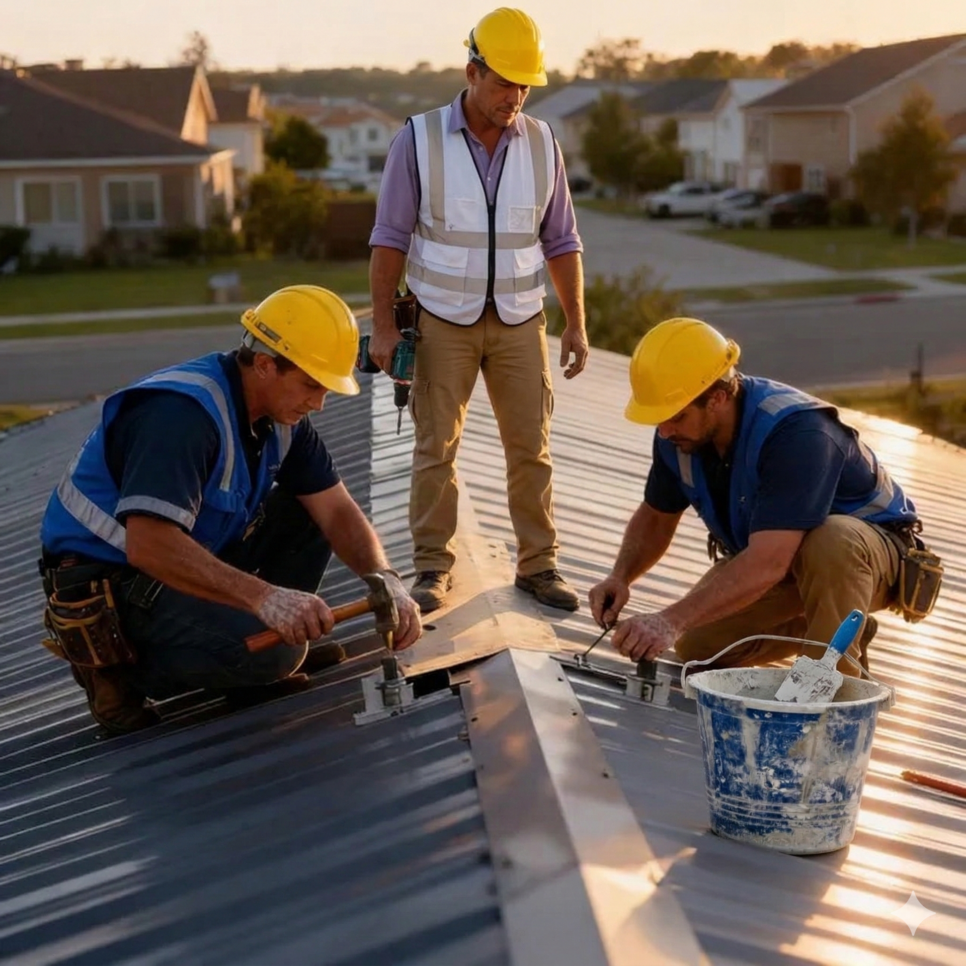 Roofer in hard hat and vest, hammering metal gutter on a rooftop. Sunset.