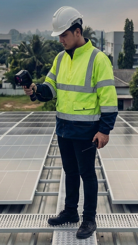 Man in work overalls and tool belt smiles, hands on hips.