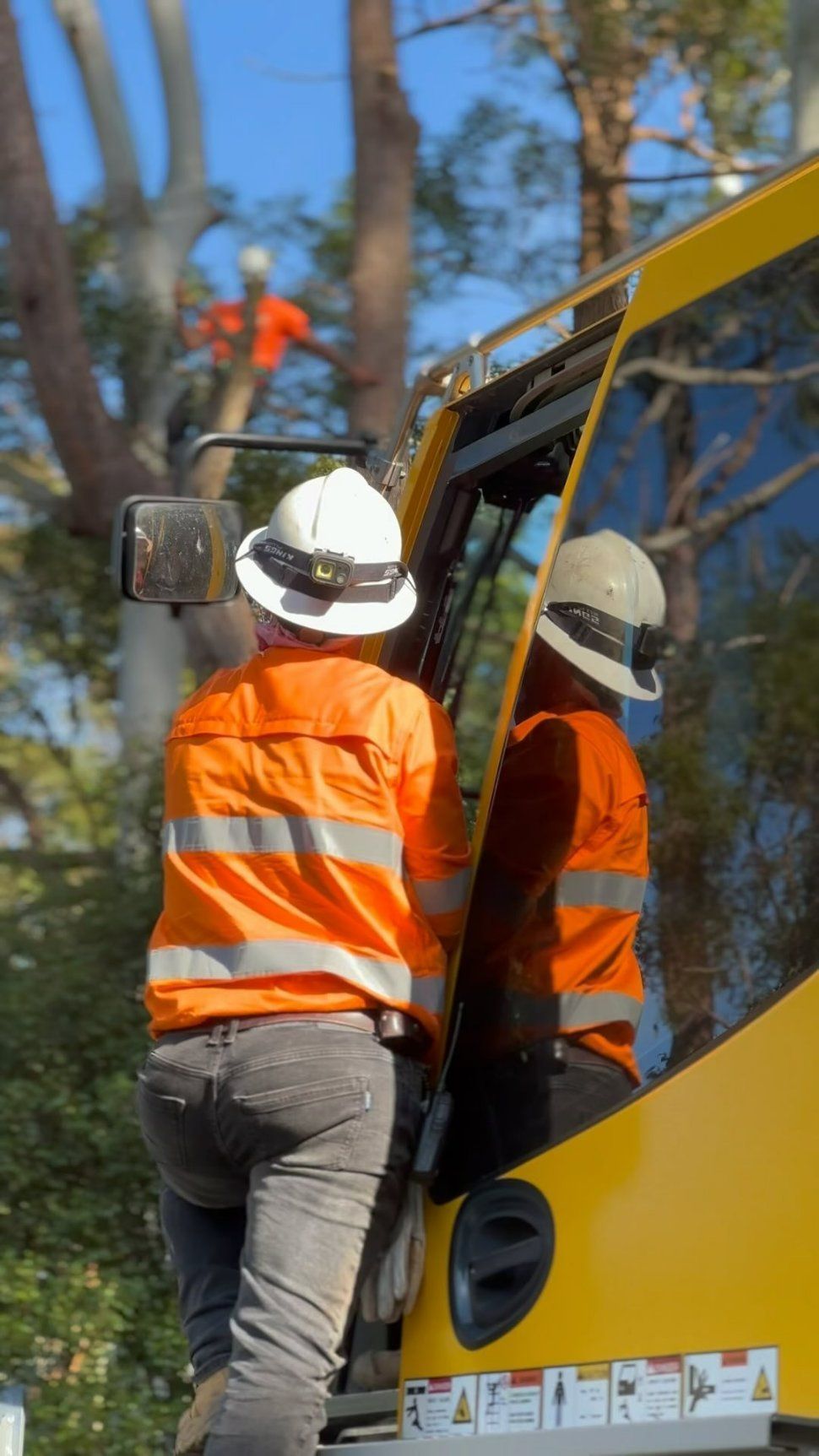 A Man in An Orange Vest Is Getting out Of a Yellow Truck — Hinterland Tree & Stump Removal in Palmview, QLD