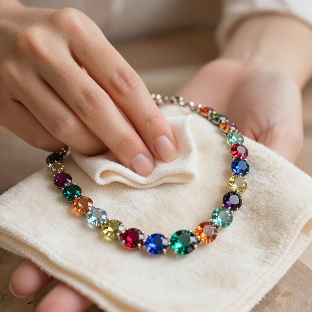 Hand polishing a colorful gemstone bracelet with a soft cloth.