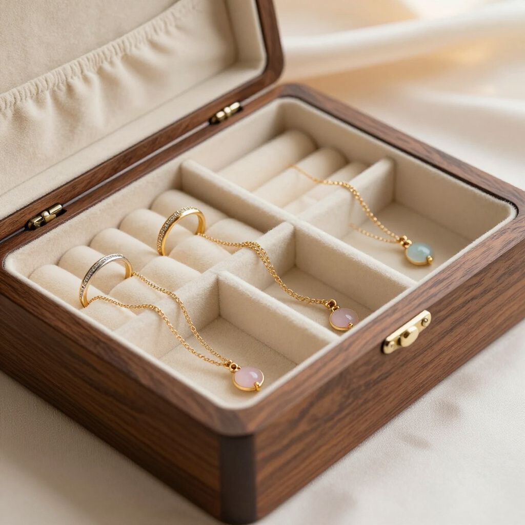 Wooden jewelry box with gold necklaces and rings, showcasing gems.