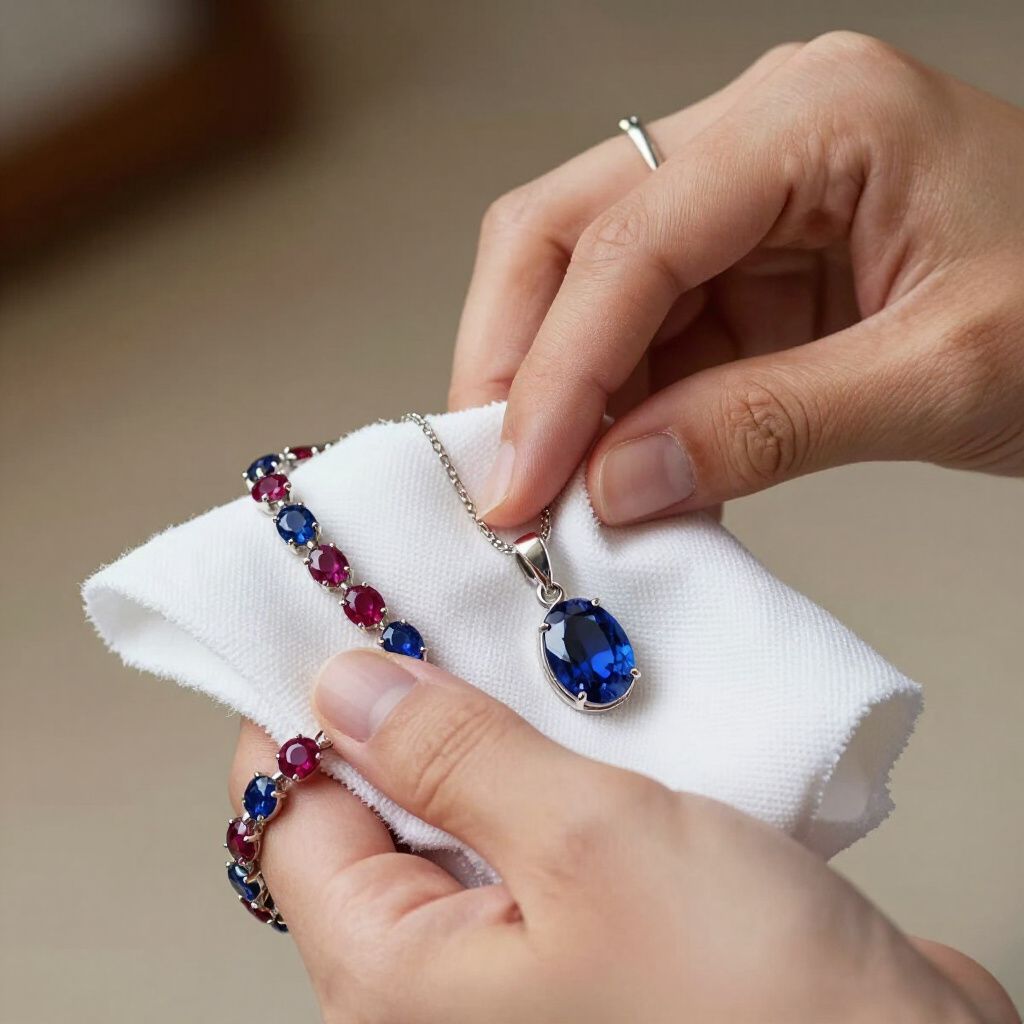 Person polishing a sapphire necklace and bracelet with a white cloth.