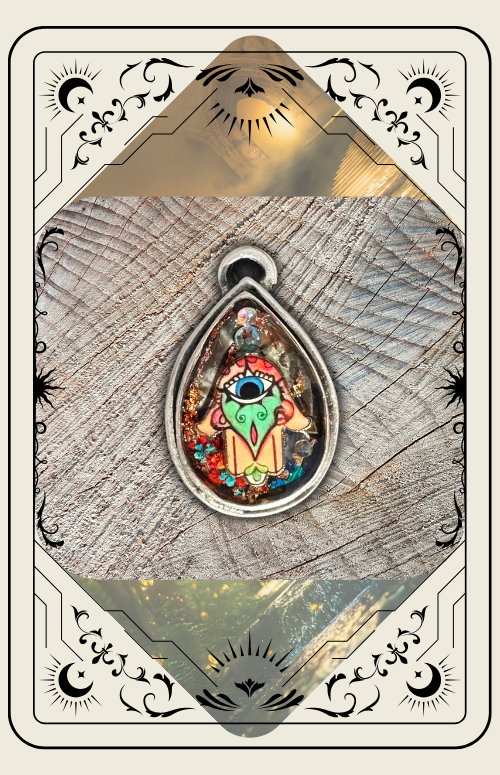 A Hamsa hand pendant with a central eye, set in a silver teardrop frame against a wood background inside a tarot card.
