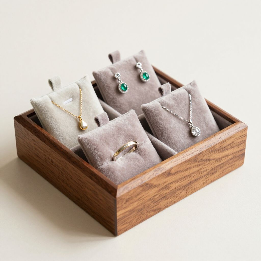 Wooden jewelry box with velvet displays holding necklaces, earrings, and a ring.