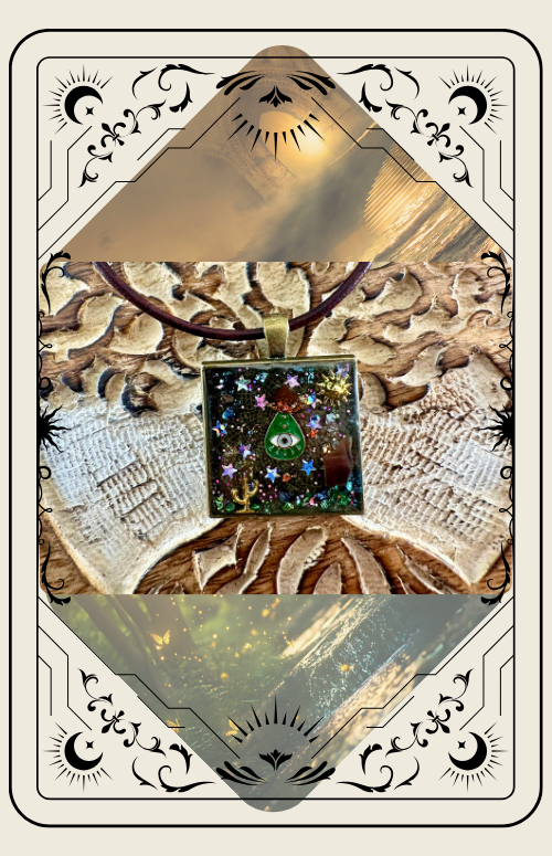 Pendant necklace with an eye design, surrounded by stars and glitter, against a textured background.