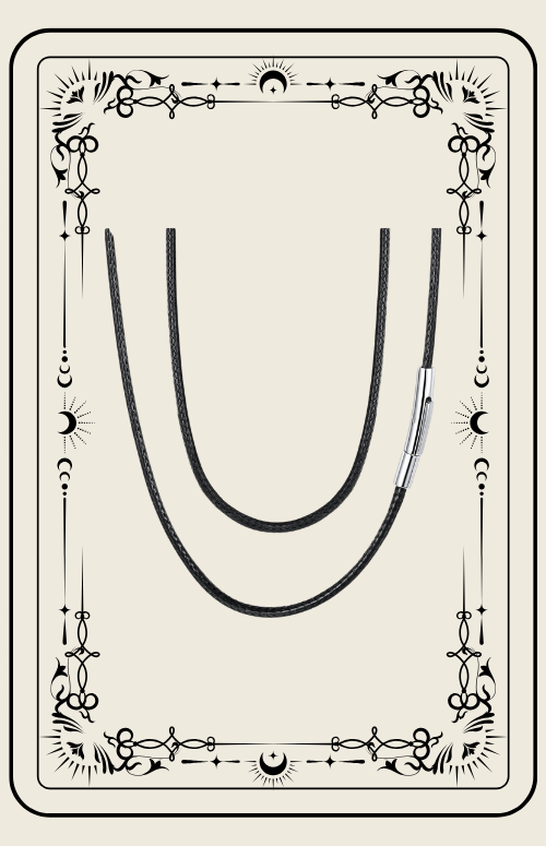 A simple black cord necklace with a silver cylindrical clasp, centered inside an ornate, cream-colored decorative frame.