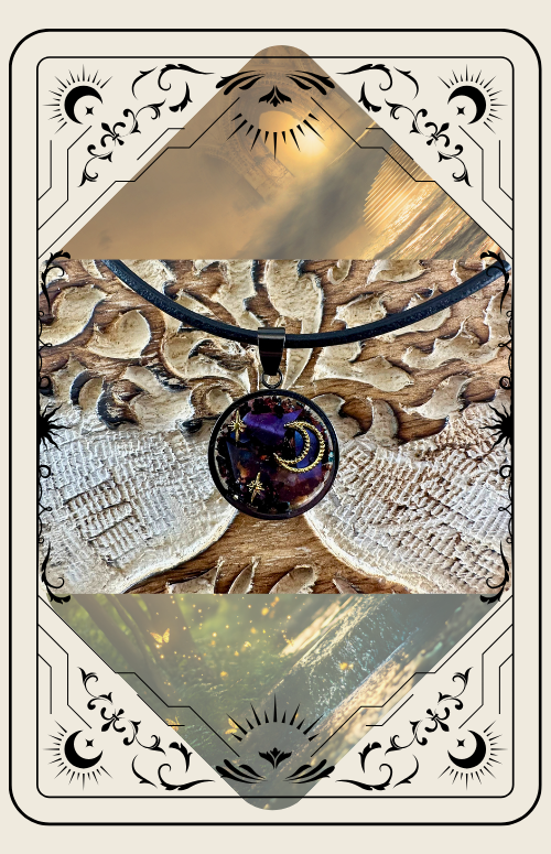Necklace with blue stone pendant on carved wooden surface, inside a decorative card frame.