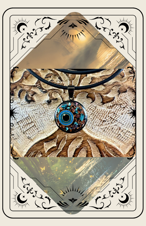 Necklace with blue stone pendant on carved wooden surface, inside a decorative card frame.