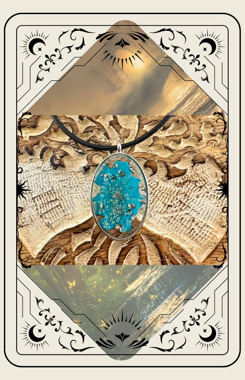 Oval pendant with turquoise stone, on a black cord, against a carved wooden background, in a decorative frame.