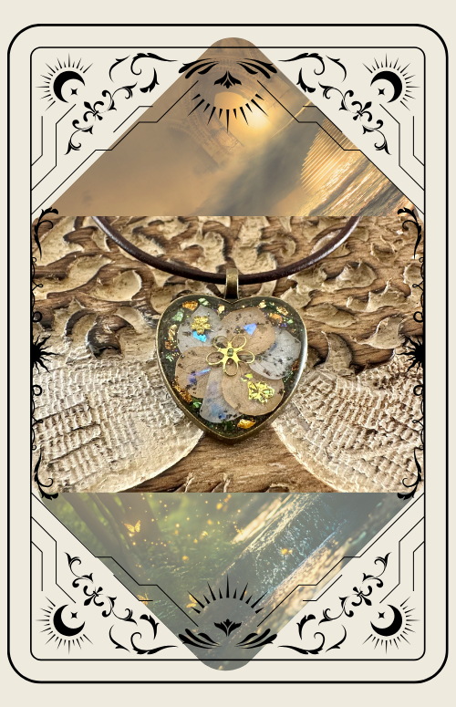 Heart-shaped pendant necklace with gold accents, set against a background of owls and a textured surface.