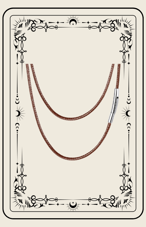 Two brown necklaces on a beige card with decorative black frame.