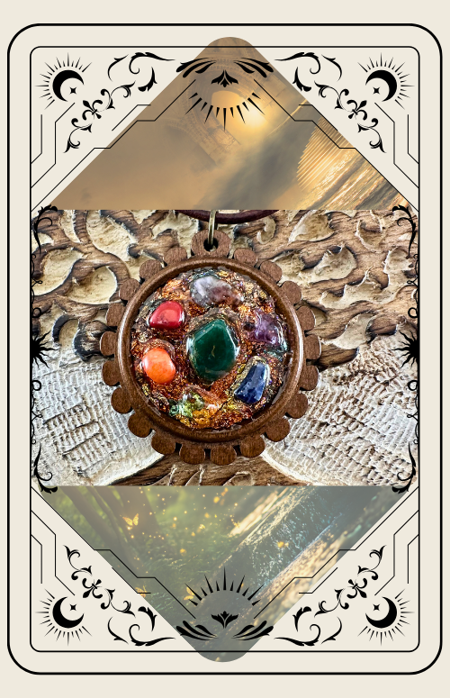 Medallion with colorful gemstones set on a textured surface, framed by an ornate border.