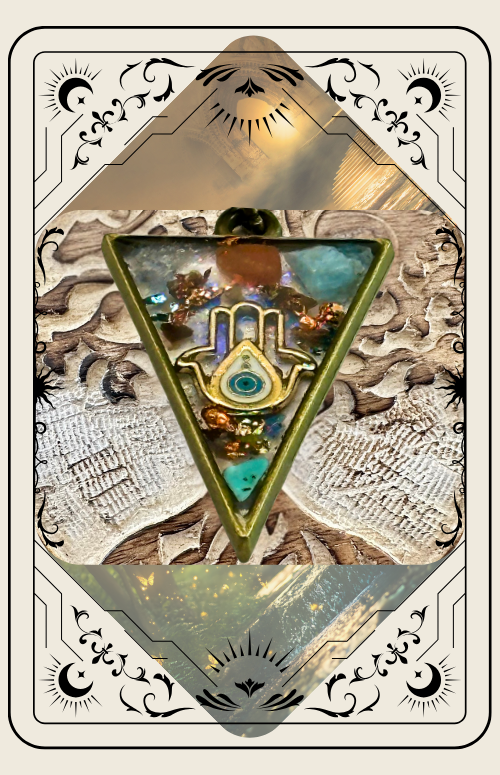 A triangular pendant with colorful stones, brown necklace, on textured brown background.