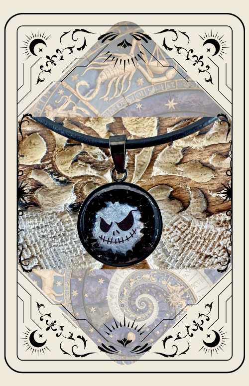 Jack Skellington pendant necklace on a decorative backdrop within a tarot card border.