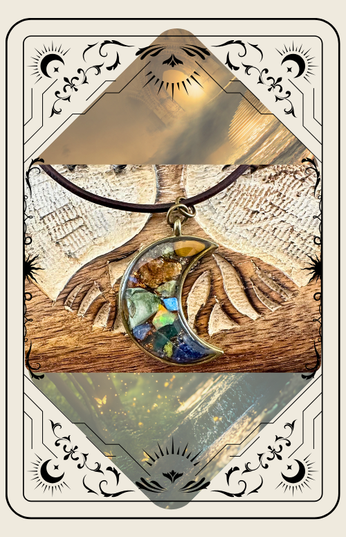 Crescent moon pendant necklace with colorful stones, brown leather cord, on a wood background.