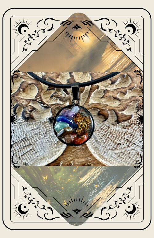 Orgone pendant necklace with colorful crystals, set against carved wooden background.