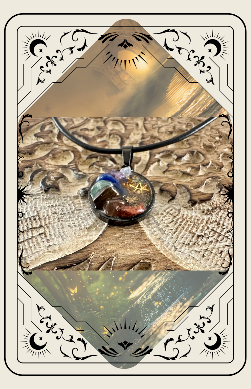 Orgone pendant necklace with colorful crystals, set against carved wooden background.