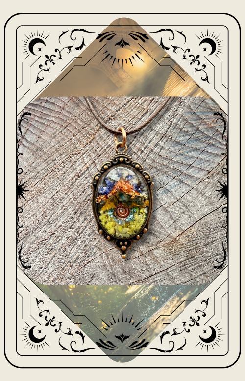 A pendant with a mosaic of colorful floral patterns set in an ornate metal frame, displayed on a textured wood surface.