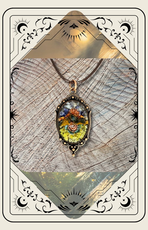 A pendant with a mosaic of colorful floral patterns set in an ornate metal frame, displayed on a textured wood surface.