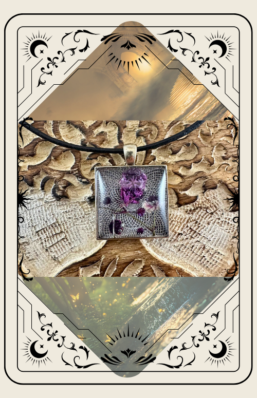 Necklace with square pendant, purple stone, against textured gold background.