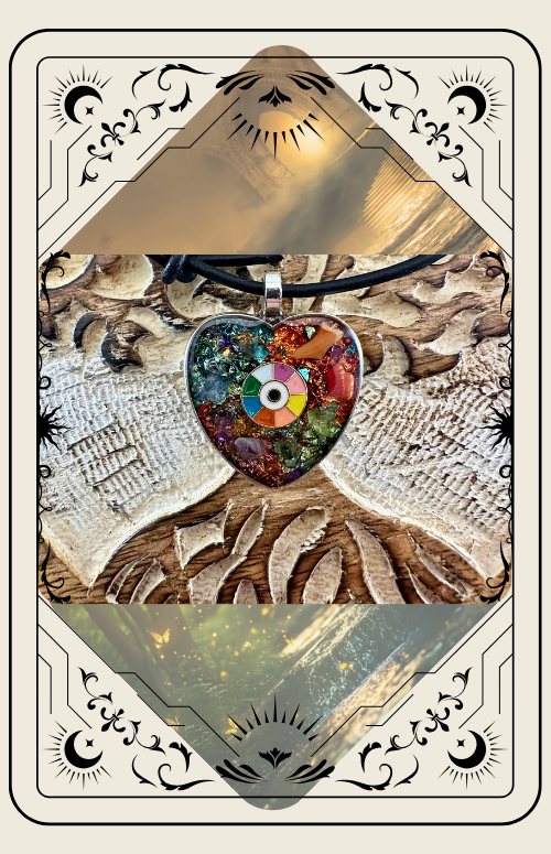 Heart-shaped pendant necklace, colorful spiral design, on patterned surface, in decorative frame.