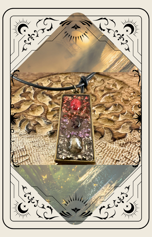 Tarot card of a rectangular pendant with layered crystals in shades of red, purple, and clear set on carved wooden surface.