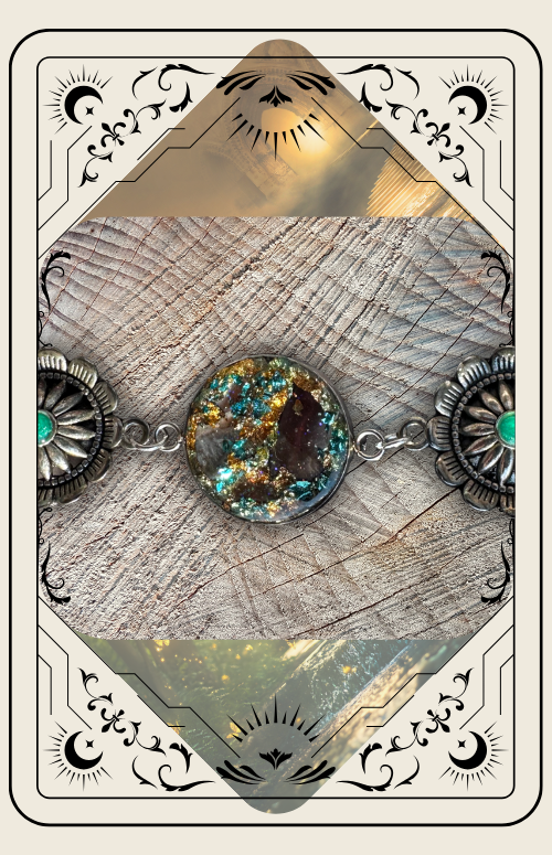 A bracelet with a central iridescent circular charm and turquoise accents, framed by decorative celestial-themed borders.