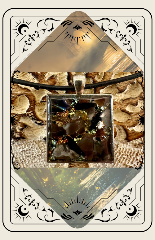 Square pendant necklace with dark, sparkly, and iridescent pieces encased in clear resin.