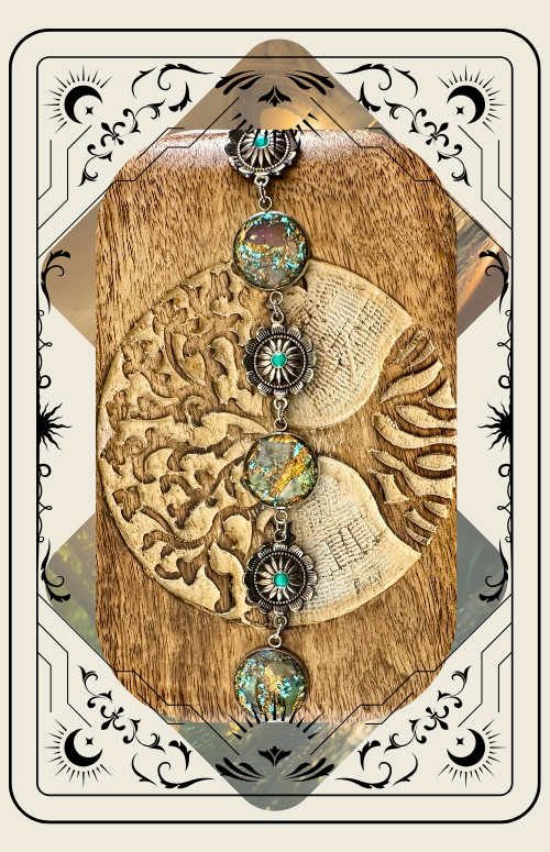 A bracelet with a central iridescent circular charm and turquoise accents, framed by decorative celestial-themed borders.