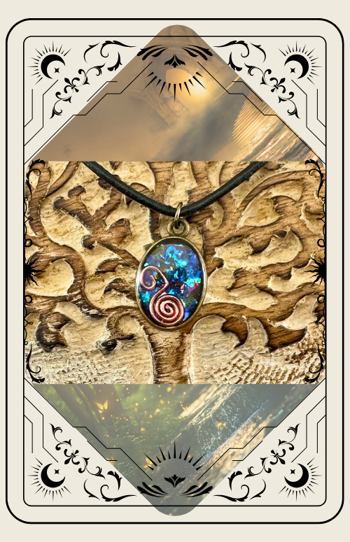 Oval pendant on a black cord, set against a carved tree design.  Blue and copper details.