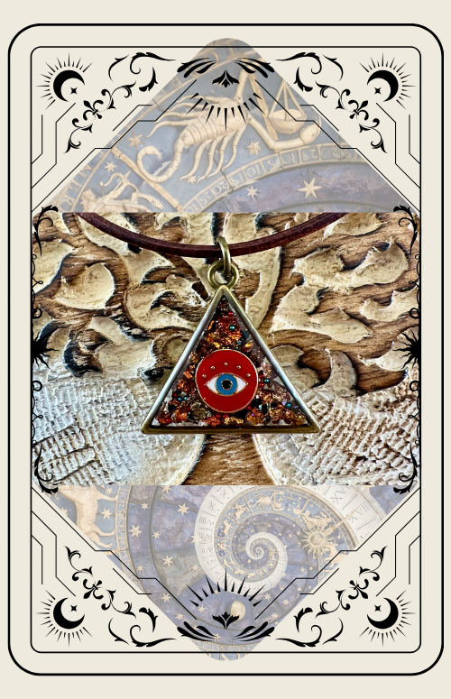A triangular pendant with an eye, on a leather cord, set against a mosaic background.