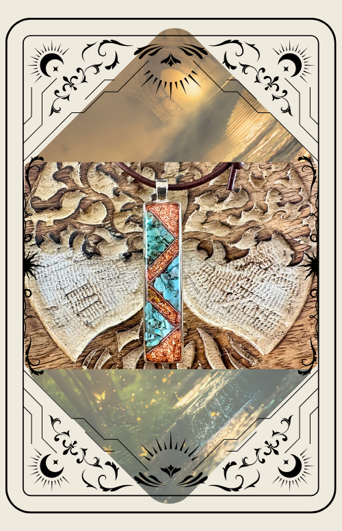 Necklace pendant, copper and turquoise design, on brown cord, over textured background within decorative border.