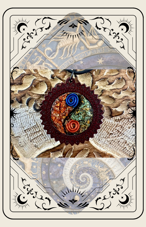 Yin and Yang pendant, red, blue, and green stones, against a beige, patterned background. Decorative card border.
